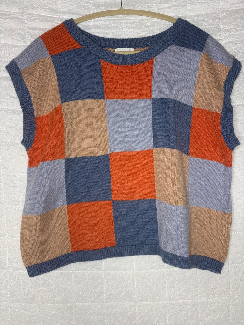 &merci Color Block Knit Sweater Vest Blue Orange Tan Women’s